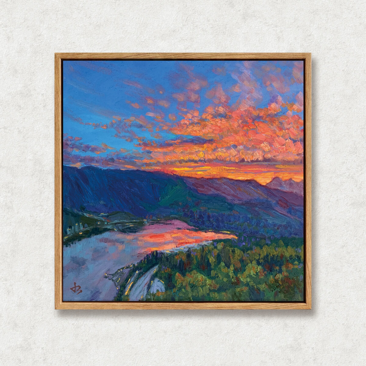 A New Day Floater — Dallas Deng oil painting, framed view, light and calm.