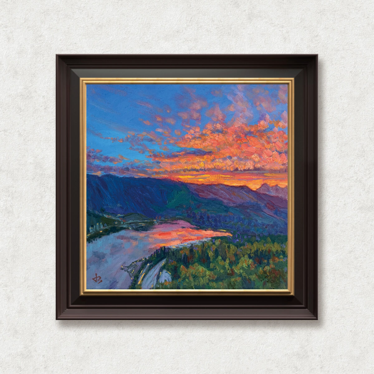 A New Day — Dallas Deng oil painting, framed view, light and calm.
