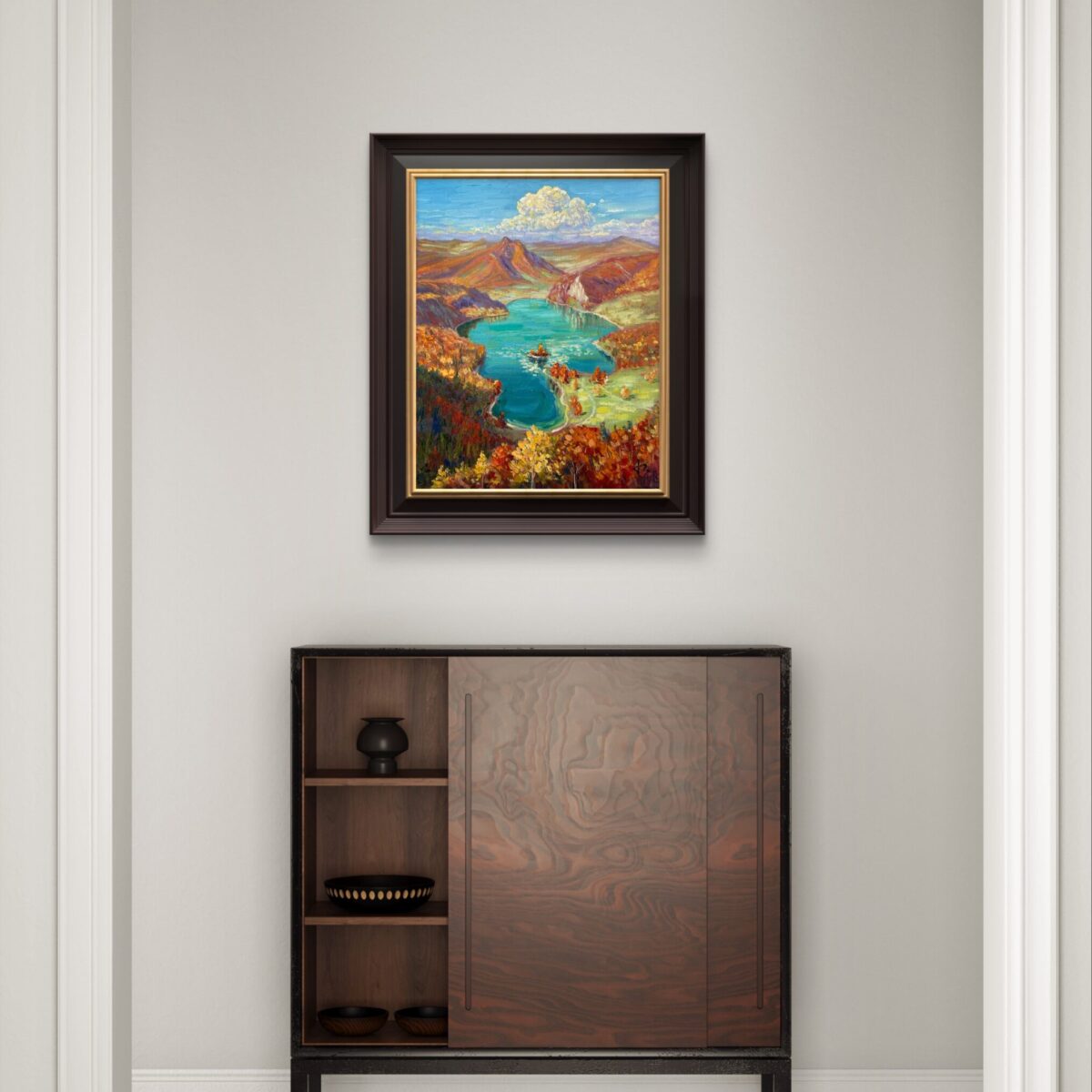 Autumns Mirror — Dallas Deng oil painting, interior wall view, light and calm.