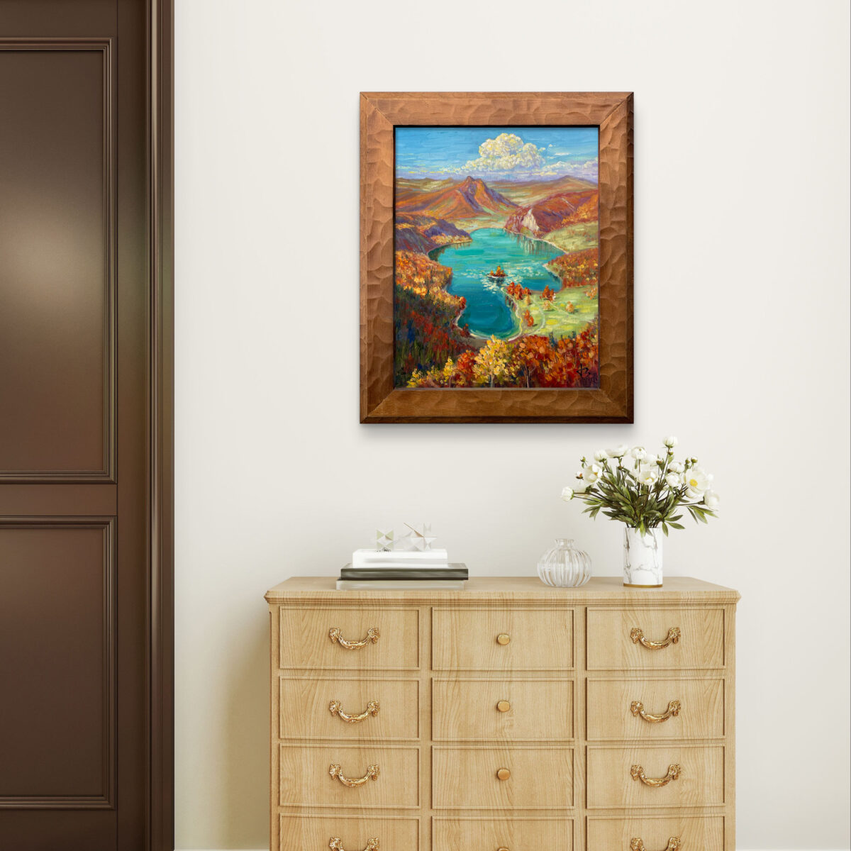 Autumns Mirror — Dallas Deng oil painting, interior wall view, light and calm.