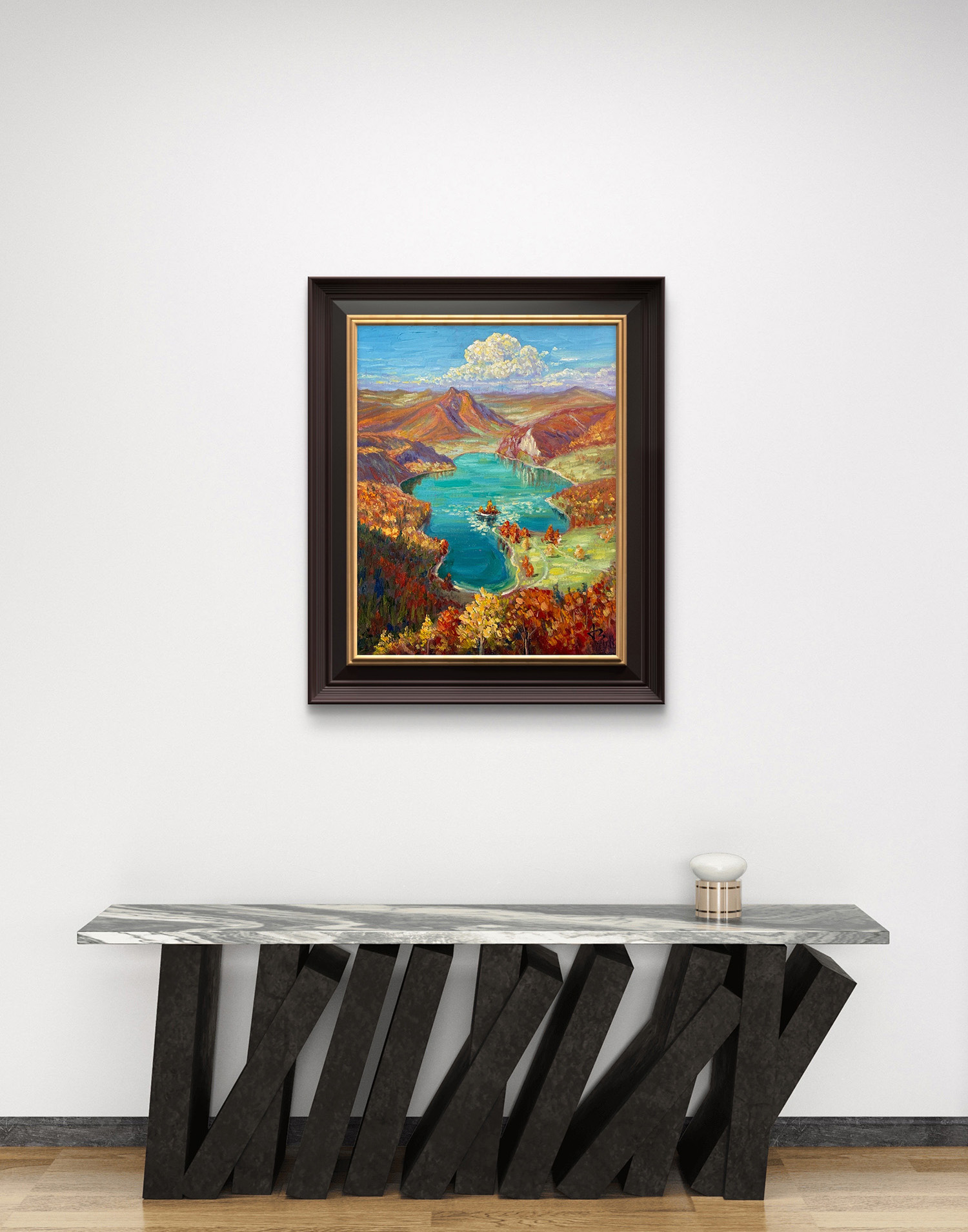 Autumns Mirror — Dallas Deng oil painting, interior wall view, light and calm.