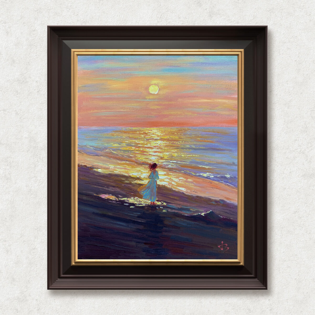 Beneath the Sunset Glow — Dallas Deng oil painting, framed view, light and calm.
