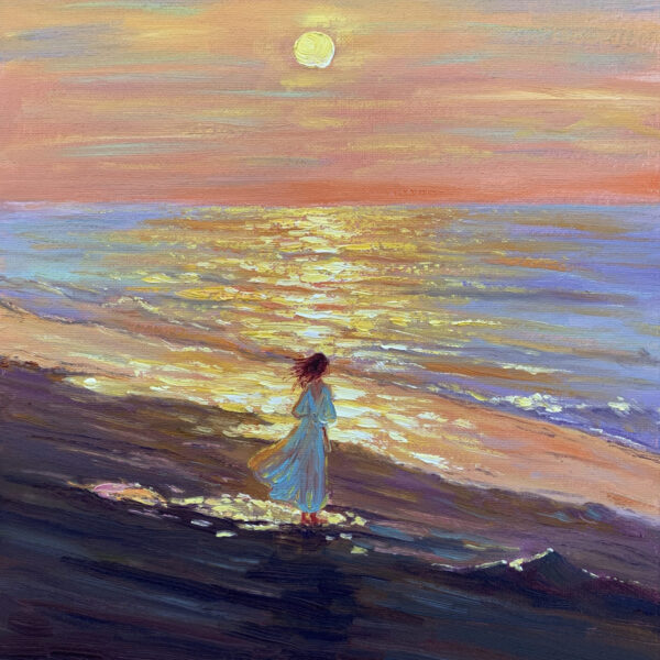Beneath the Sunset Glow — Dallas Deng seascape oil painting, light and calm.
