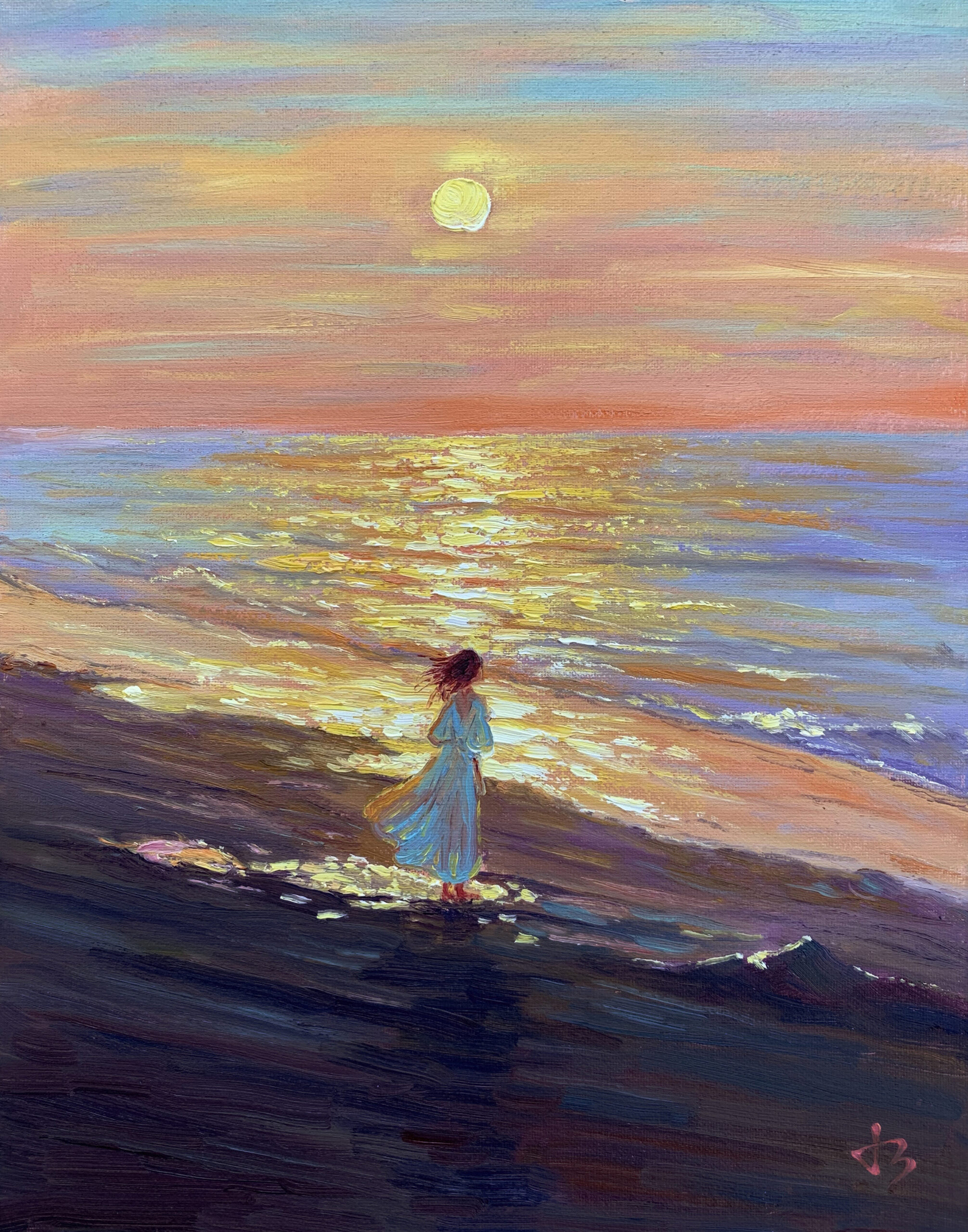 Beneath the Sunset Glow — Dallas Deng seascape oil painting, light and calm.