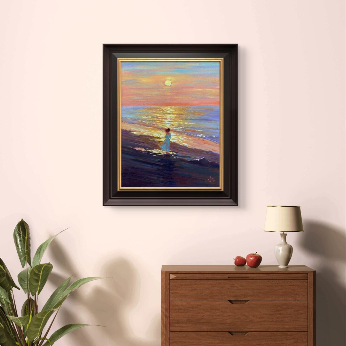 Beneath the Sunset Glow — Dallas Deng oil painting, interior wall view, light and calm.