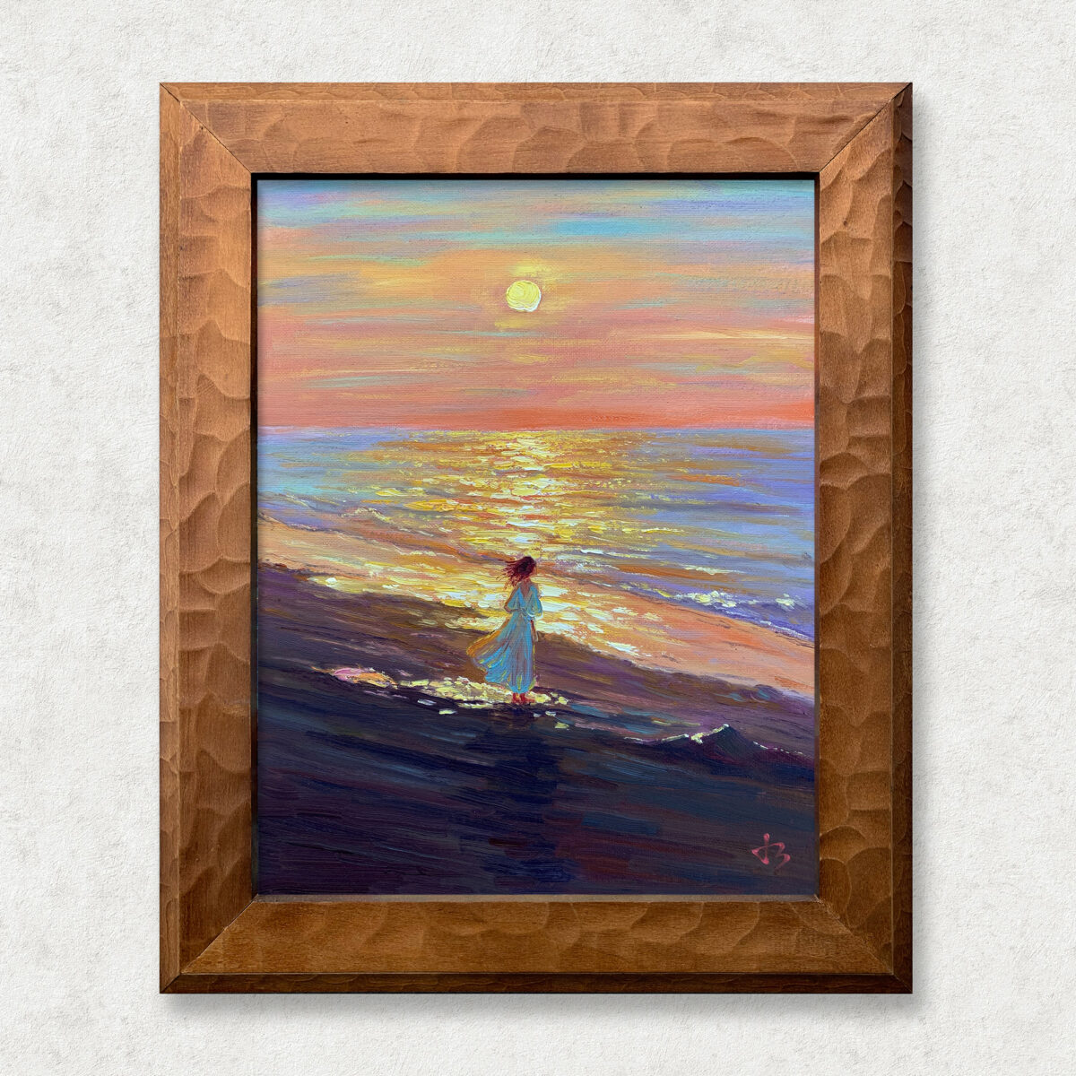 Beneath the Sunset Glow Walnut — Dallas Deng oil painting, framed view, light and calm.