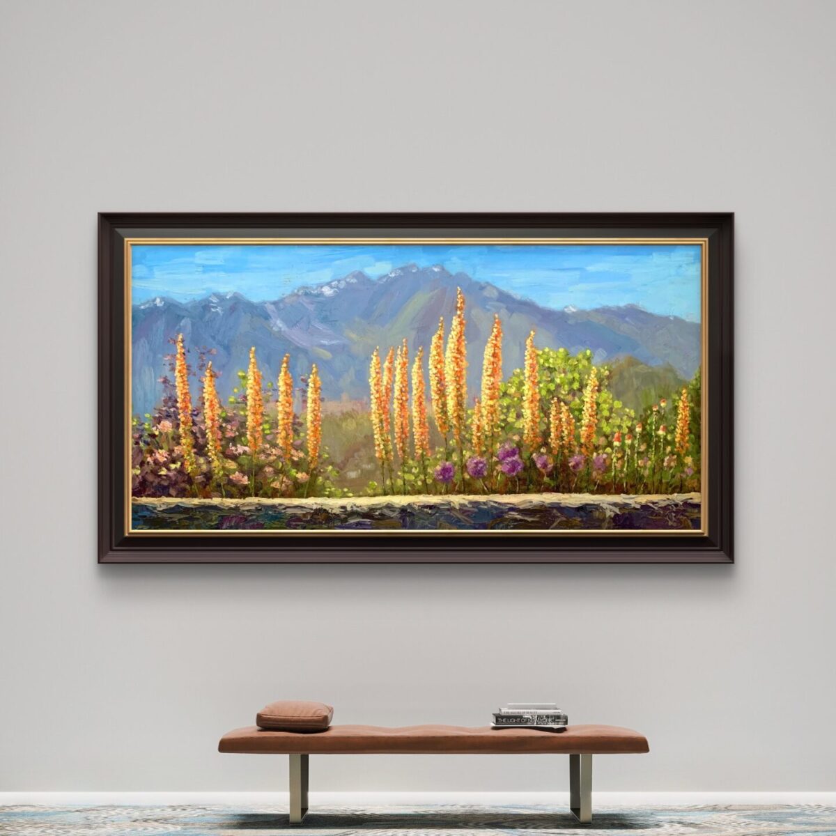 Blooming — Dallas Deng floral oil painting, interior wall view, light and calm.