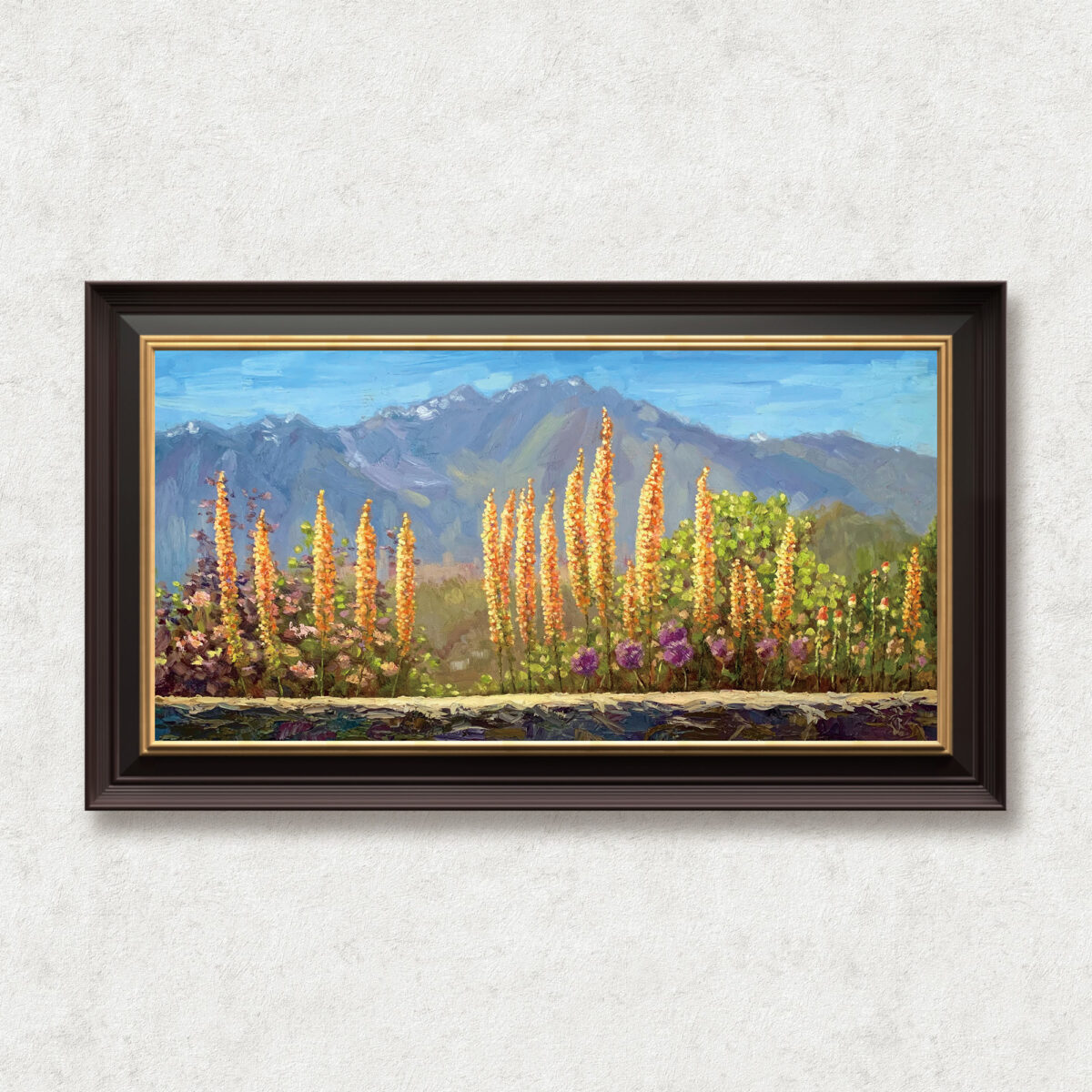 Blooming — Dallas Deng oil painting, framed view, light and calm.
