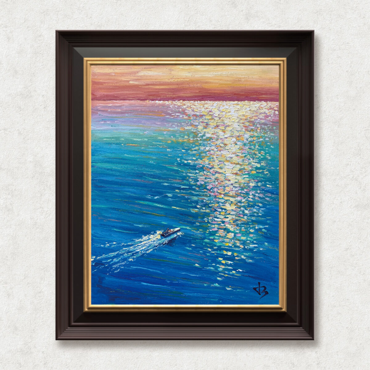 Boat Chasing the Light — Dallas Deng oil painting, framed view, light and calm.