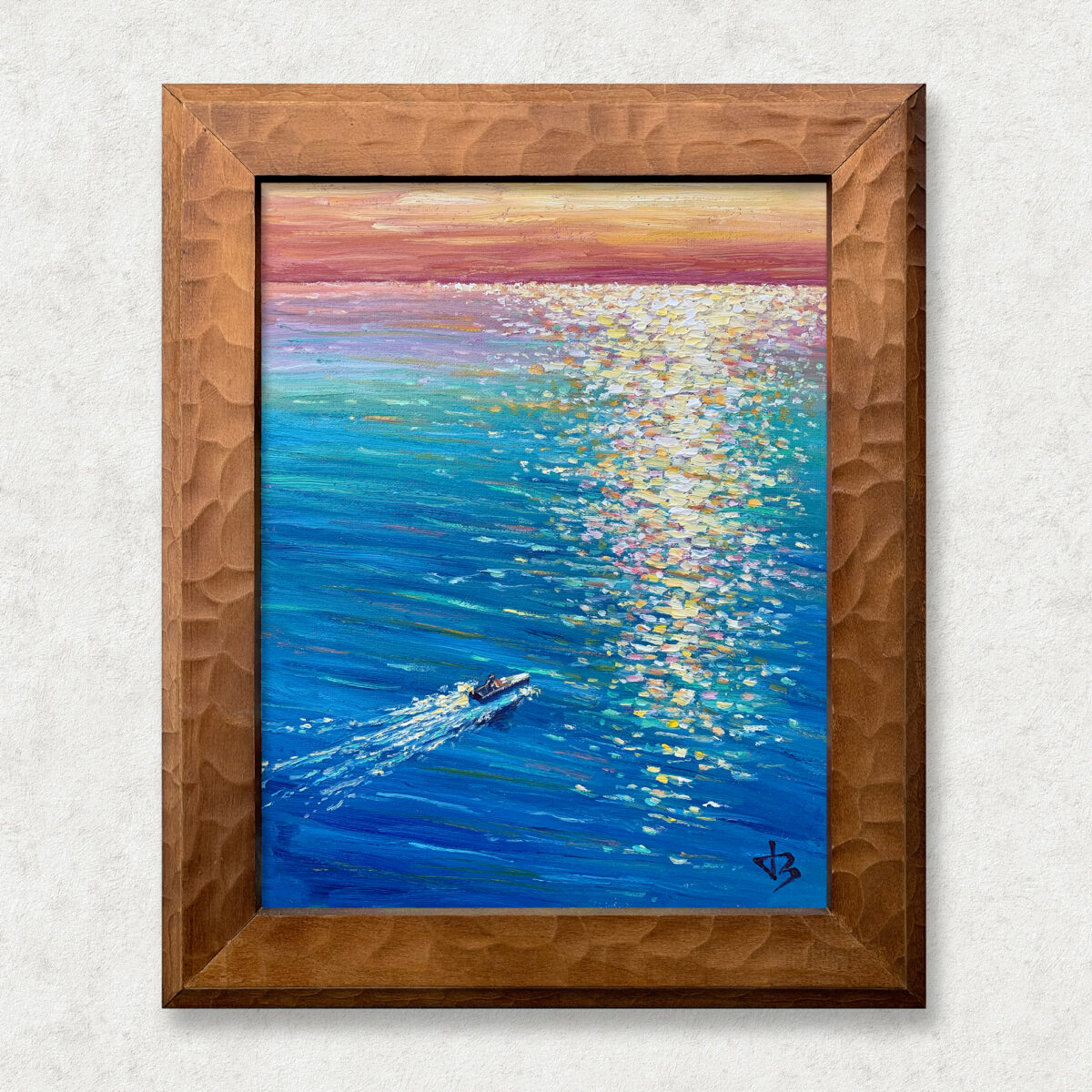 Boat Chasing the Light 5 1 — Dallas Deng oil painting, framed view, light and calm.