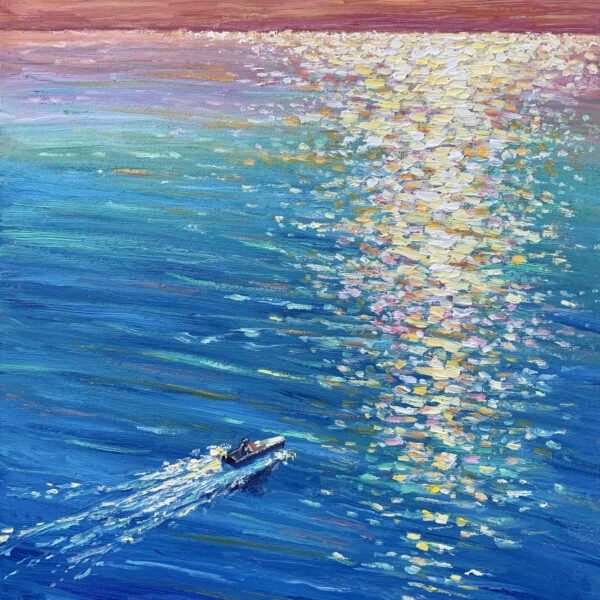 Boat Chasing the Light — Dallas Deng seascape oil painting, light and calm.