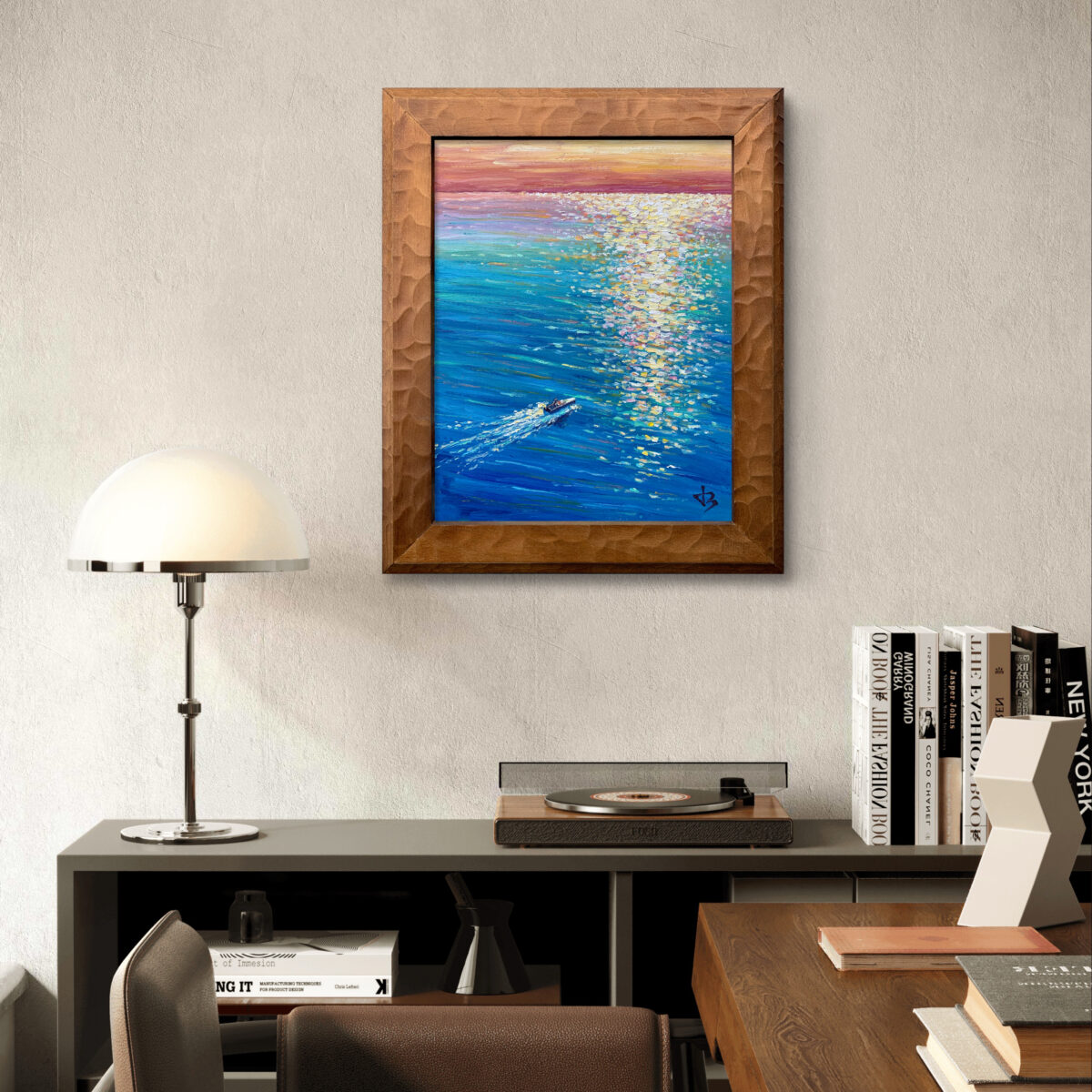 Boat Chasing the Light — Dallas Deng oil painting, interior wall view, light and calm.