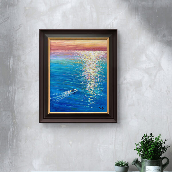 Boat Chasing the Light — Dallas Deng oil painting, interior wall view, light and calm.