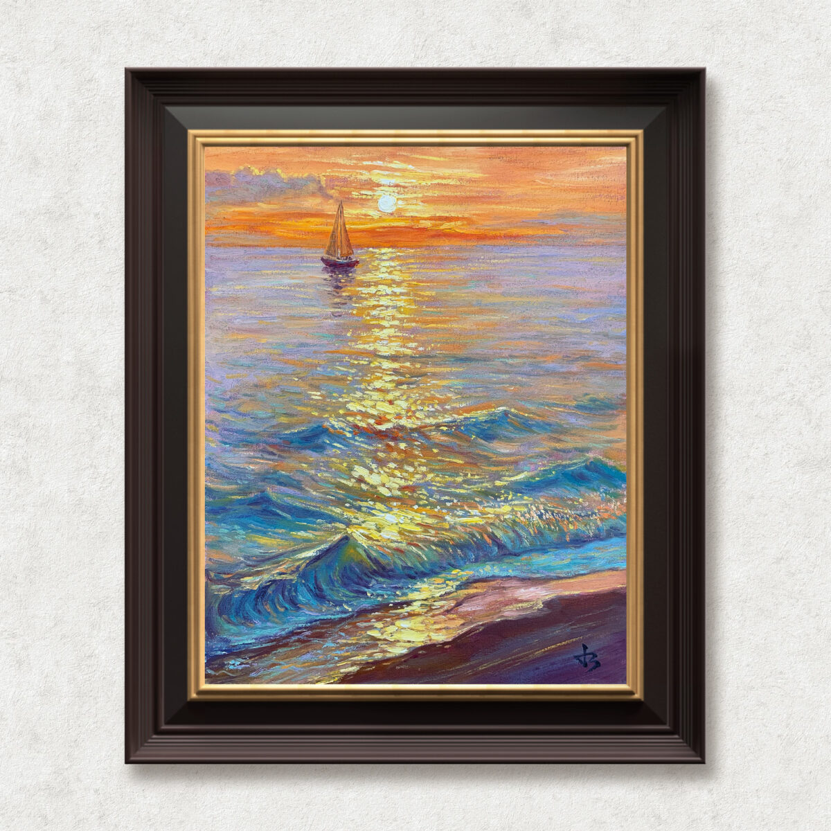 Chasing the Light — Dallas Deng oil painting, framed view, light and calm.