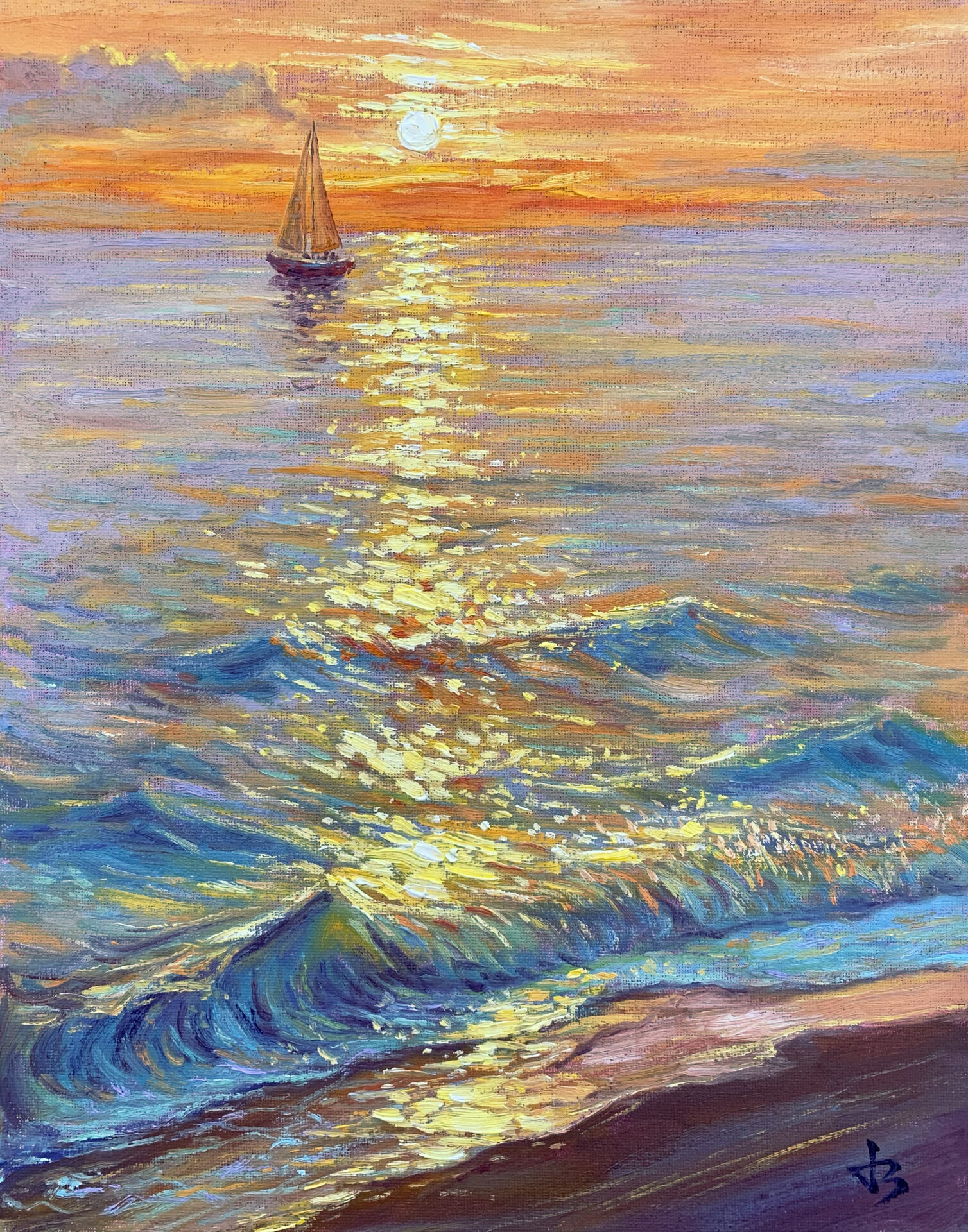 Chasing the Light — Dallas Deng seascape oil painting, light and calm.