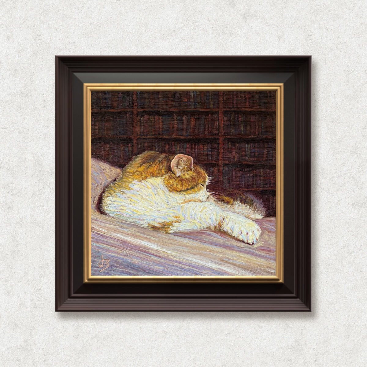 Cozy — Dallas Deng oil painting, framed view, light and calm.