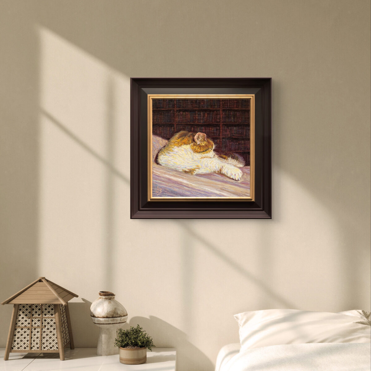 Cozy 2 — Dallas Deng oil painting, interior wall view, light and calm.