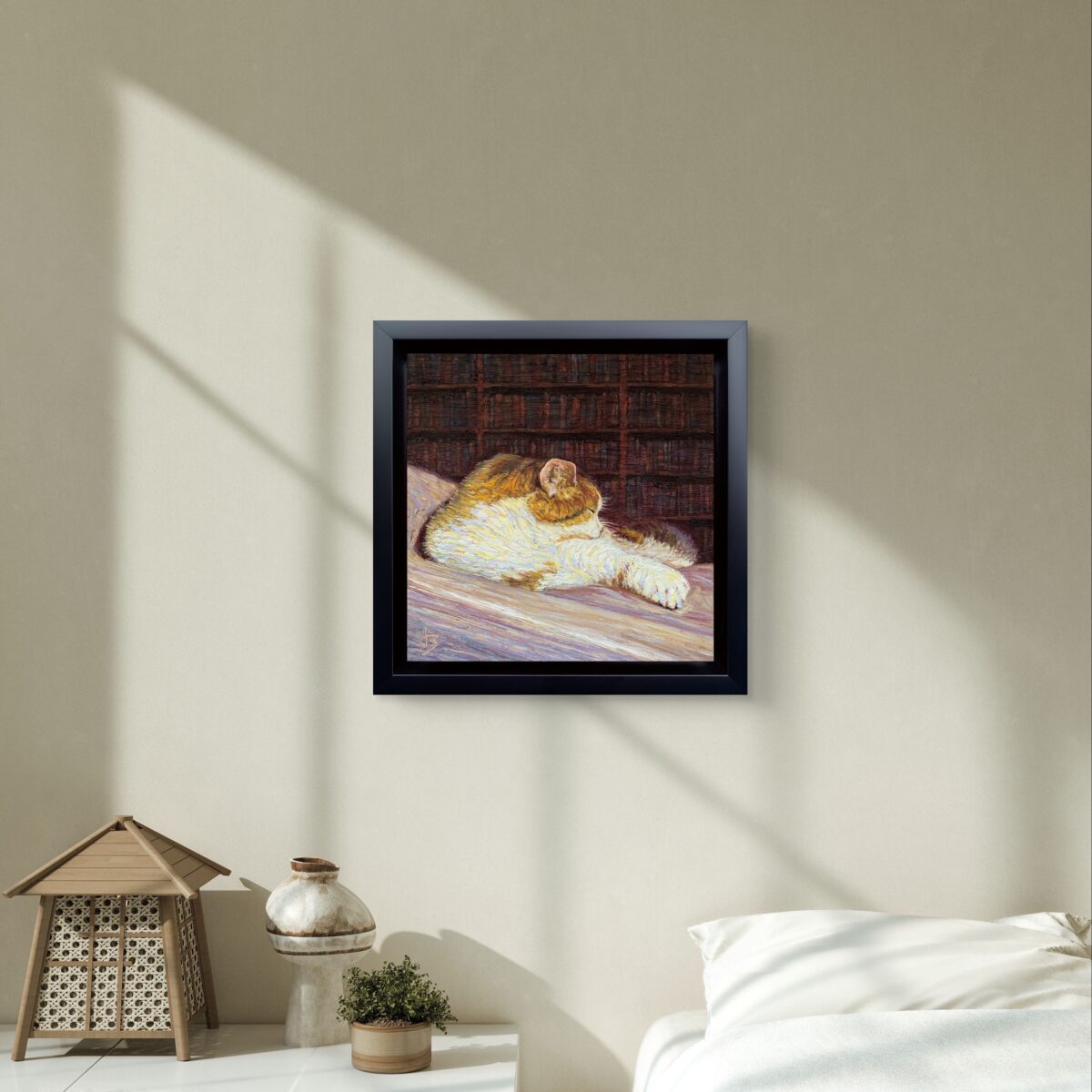 Cozy 3 — Dallas Deng oil painting, interior wall view, light and calm.