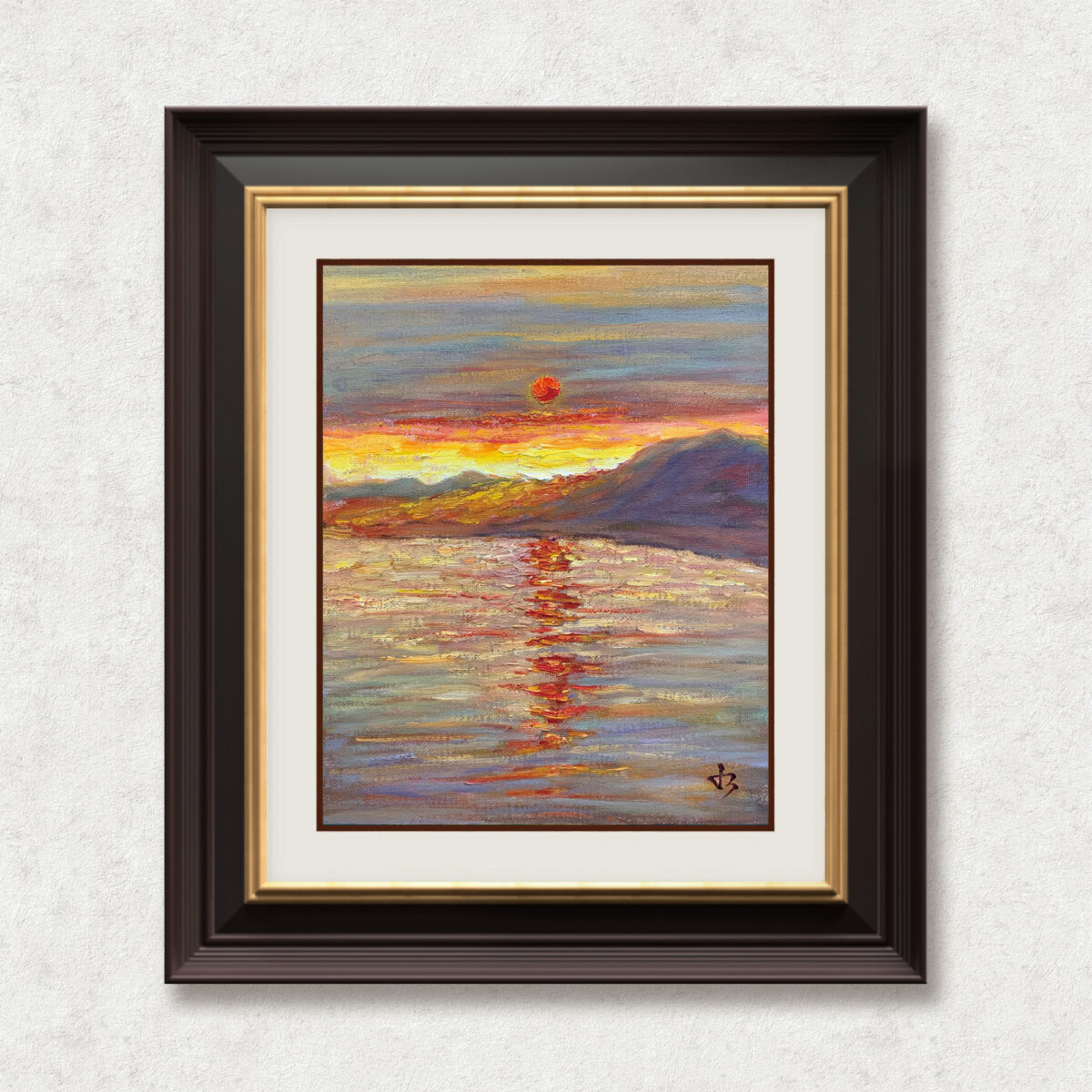 Crimson Sun — Dallas Deng oil painting, framed view, light and calm.