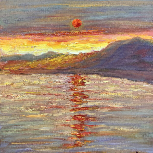 Crimson Sun — Dallas Deng seascape oil painting, light and calm.