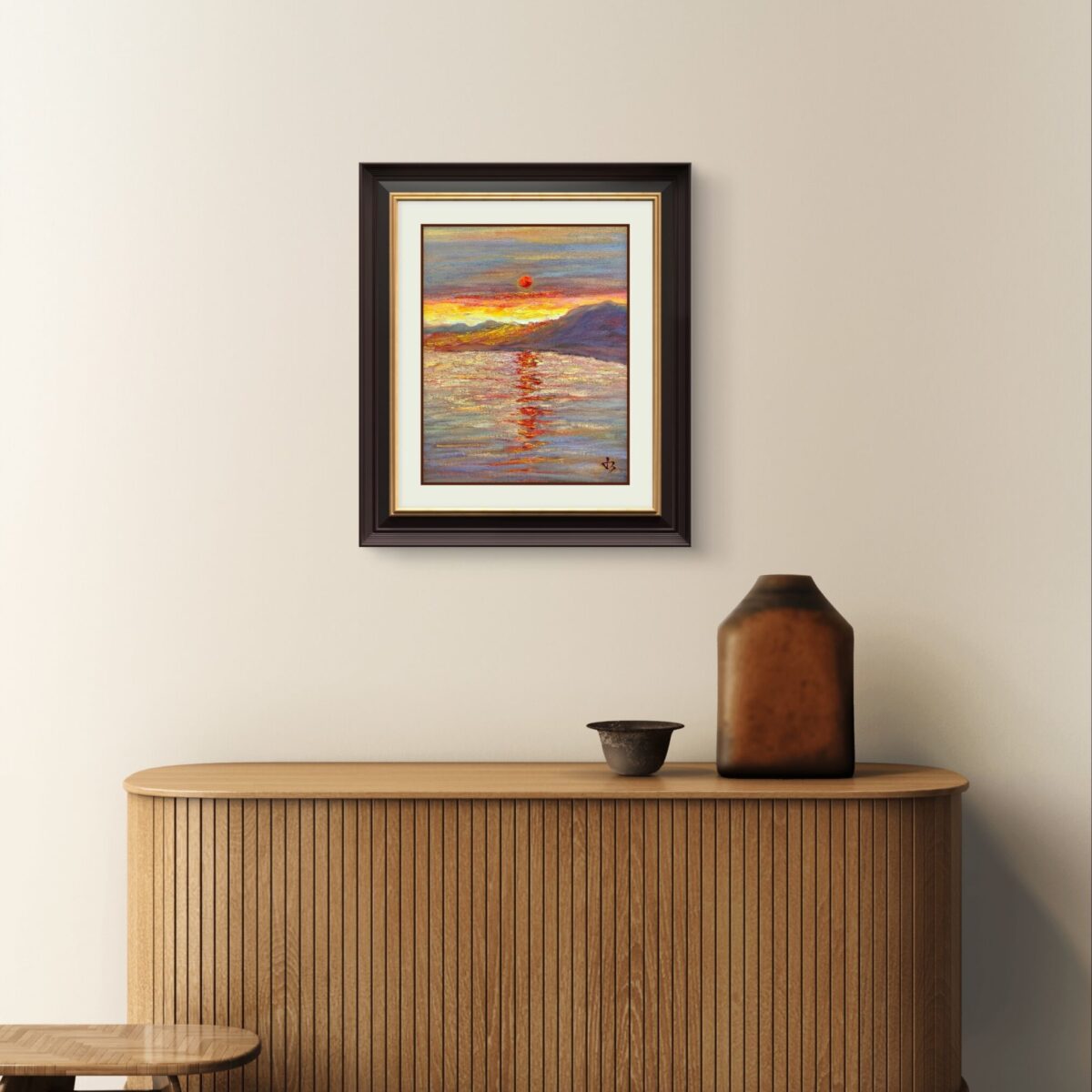 Crimson Sun — Dallas Deng oil painting, interior wall view, light and calm.