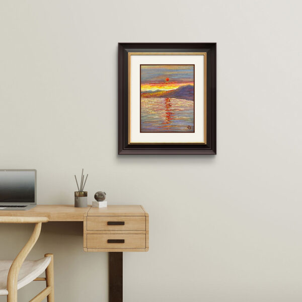 Crimson Sun — Dallas Deng oil painting, interior wall view, light and calm.