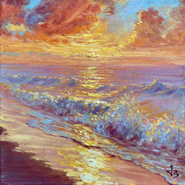 Crimson Tide — Dallas Deng seascape oil painting, light and calm.