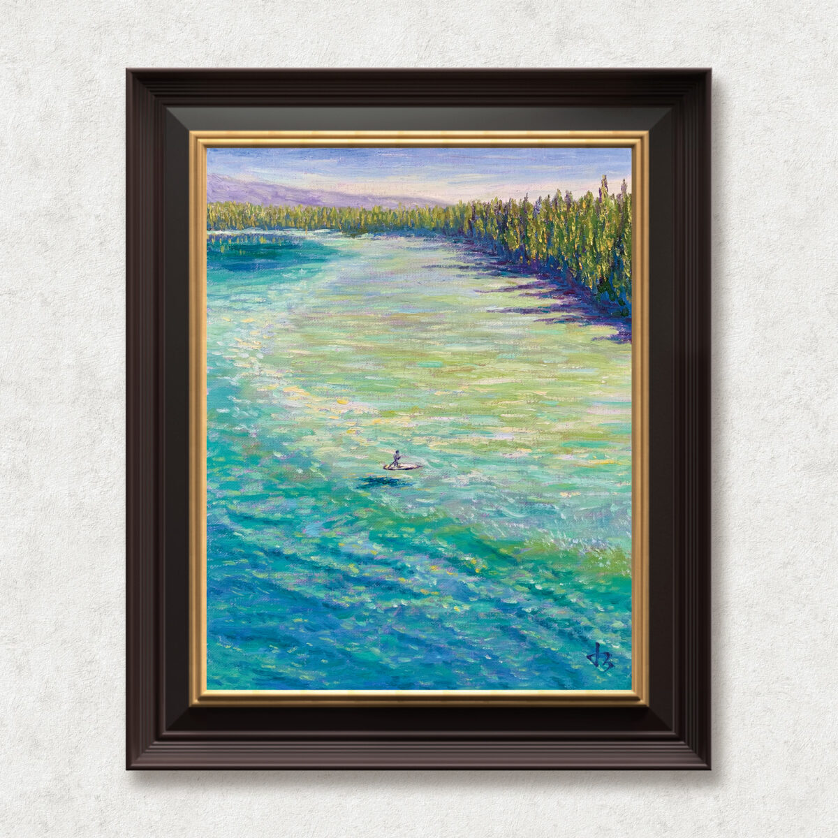 Emerald Calm — Dallas Deng oil painting, framed view, light and calm.