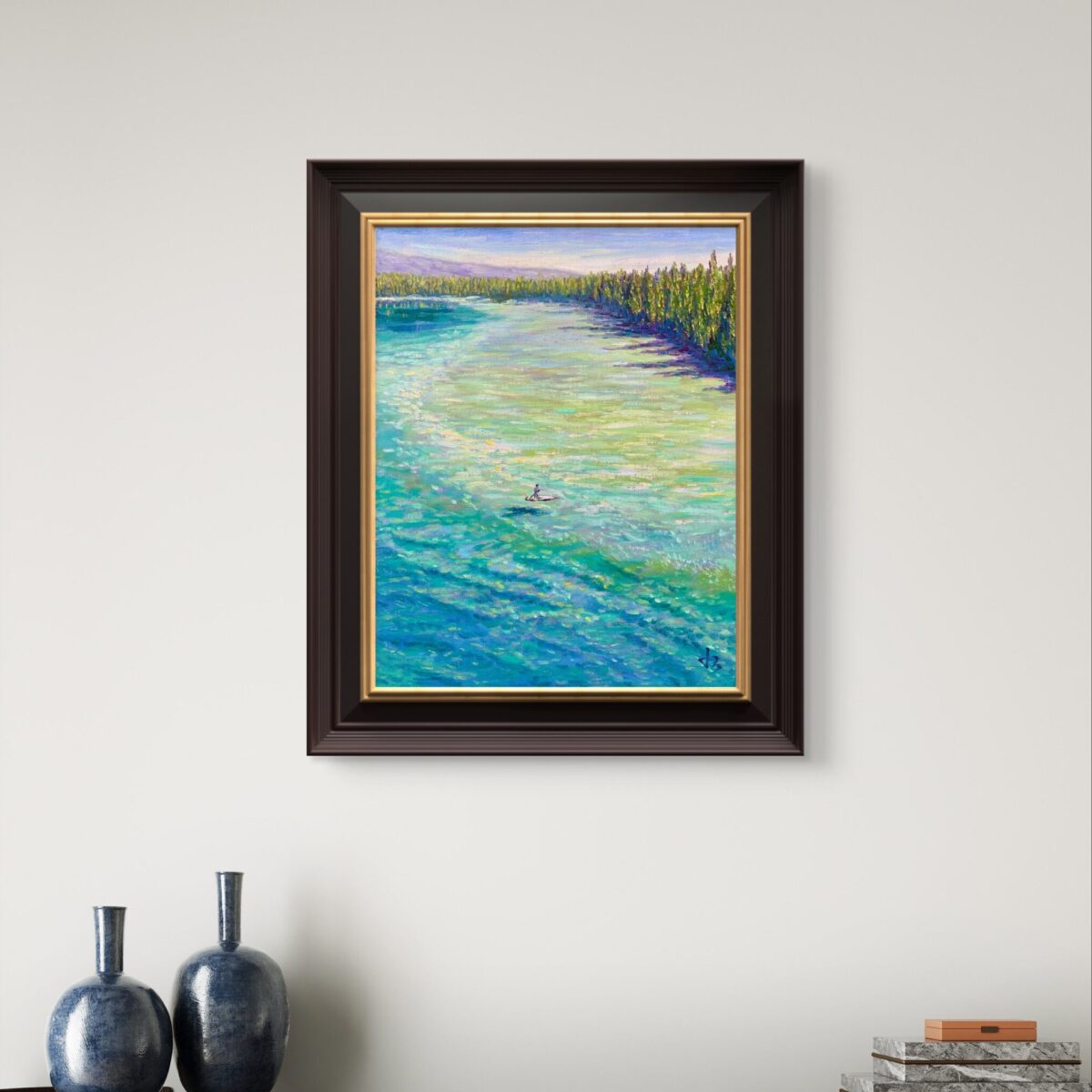 Emerald Calm — Dallas Deng oil painting, interior wall view, light and calm.