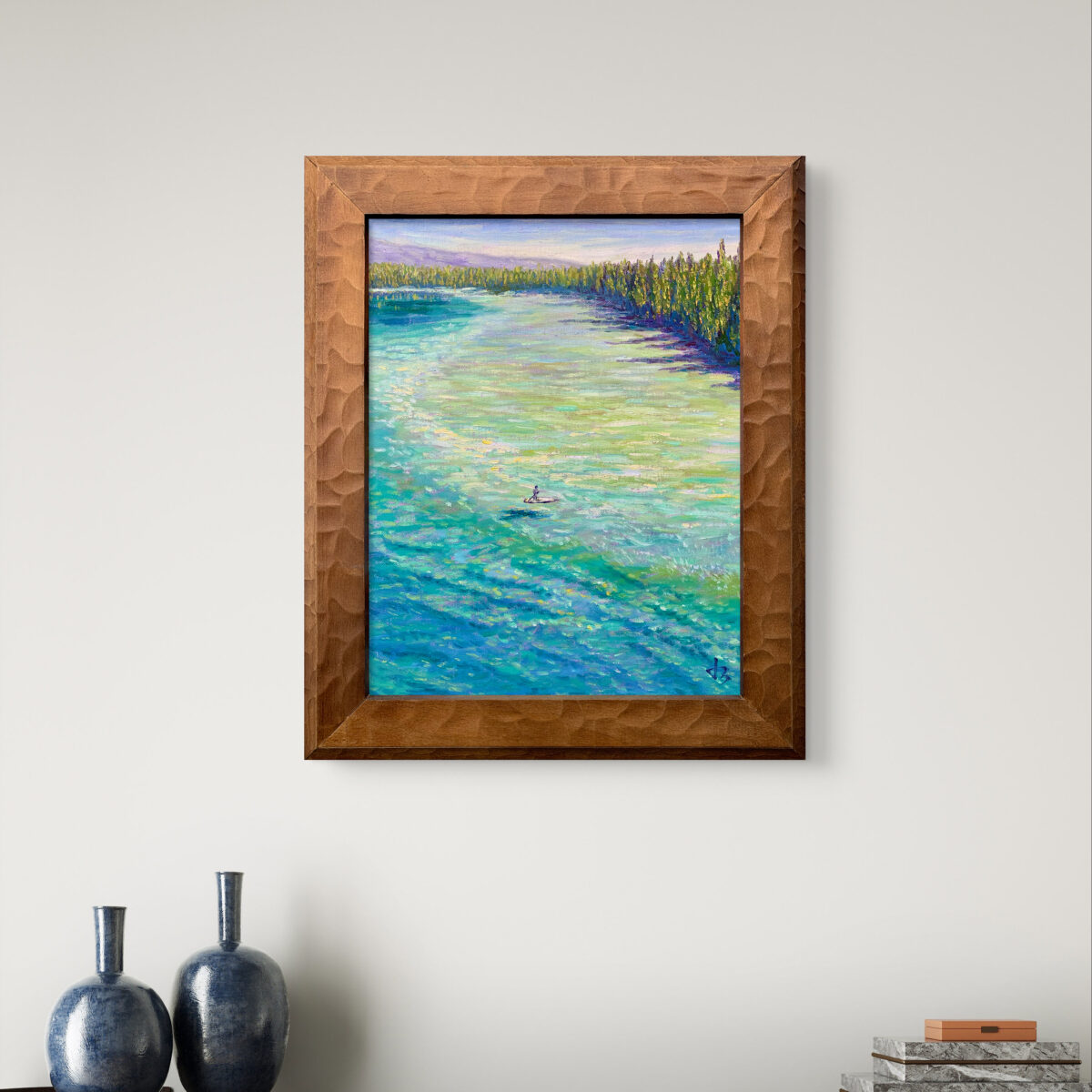 Emerald Calm — Dallas Deng oil painting, interior wall view, light and calm.