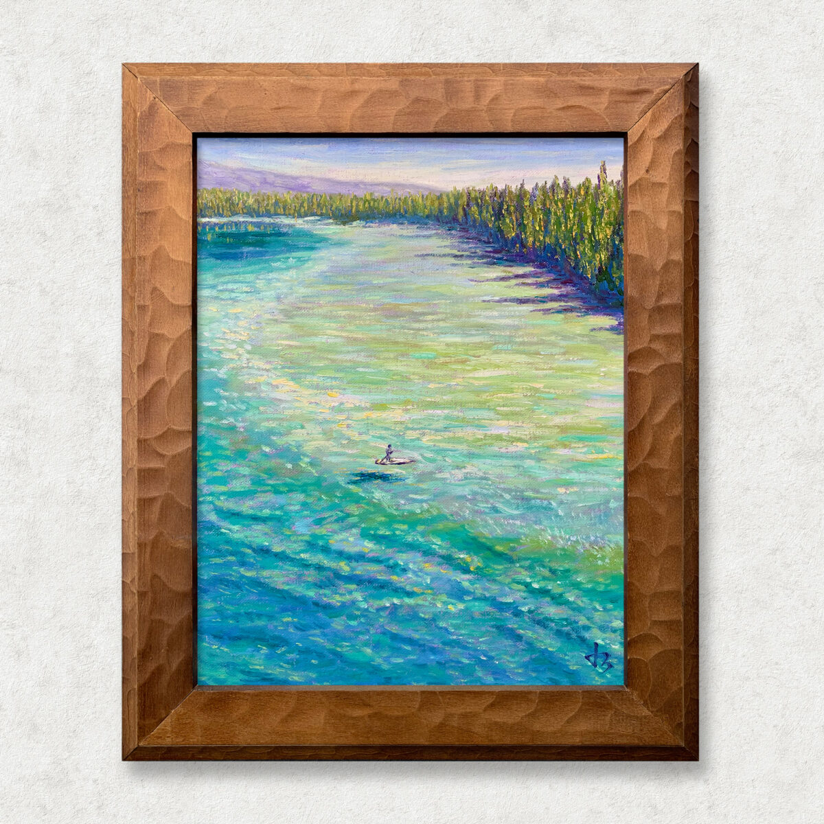 Emerald Calm Walnut — Dallas Deng oil painting, framed view, light and calm.