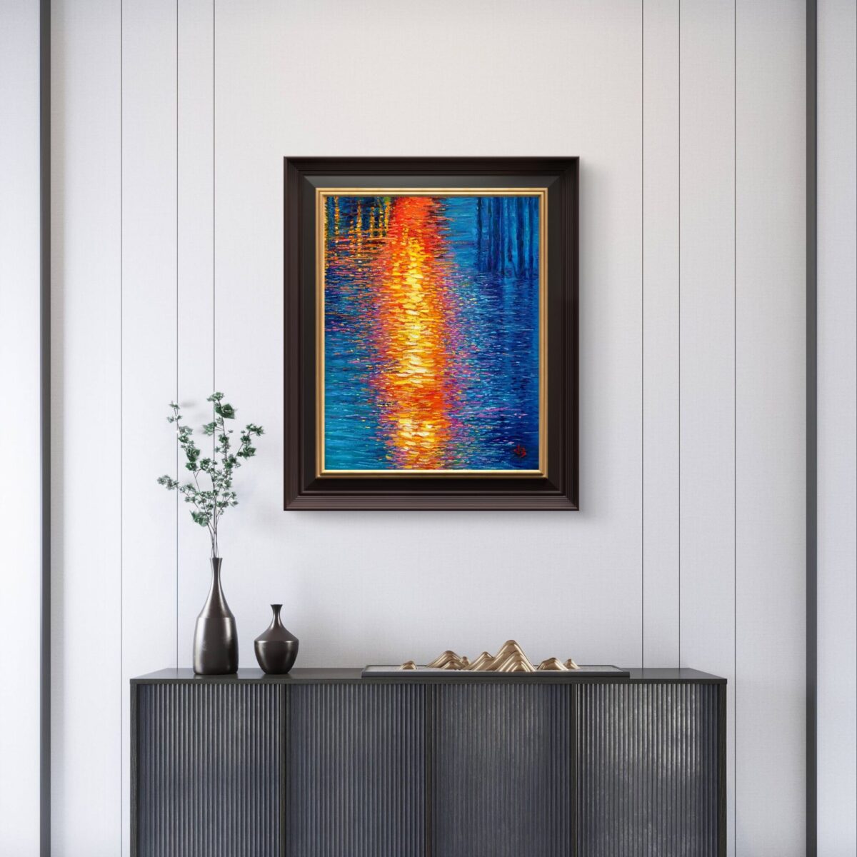 Fiery Current — Dallas Deng oil painting, interior wall view, light and calm.