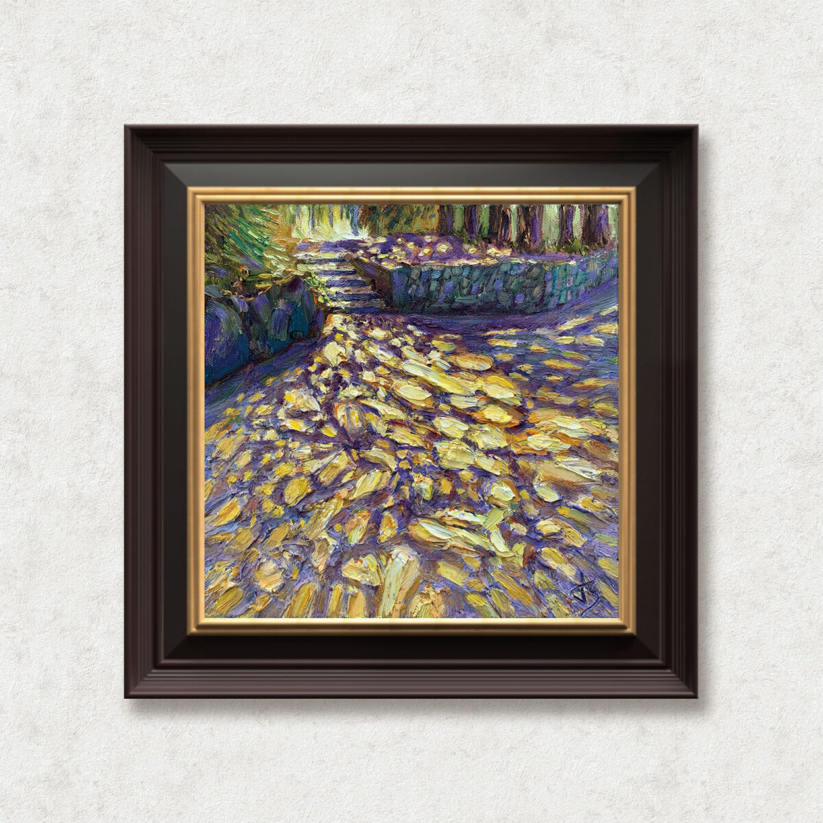 Footprints — Dallas Deng oil painting, framed view, light and calm.