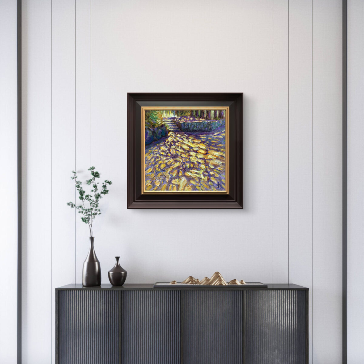 Footprints of Light 2 — Dallas Deng oil painting, interior wall view, light and calm.