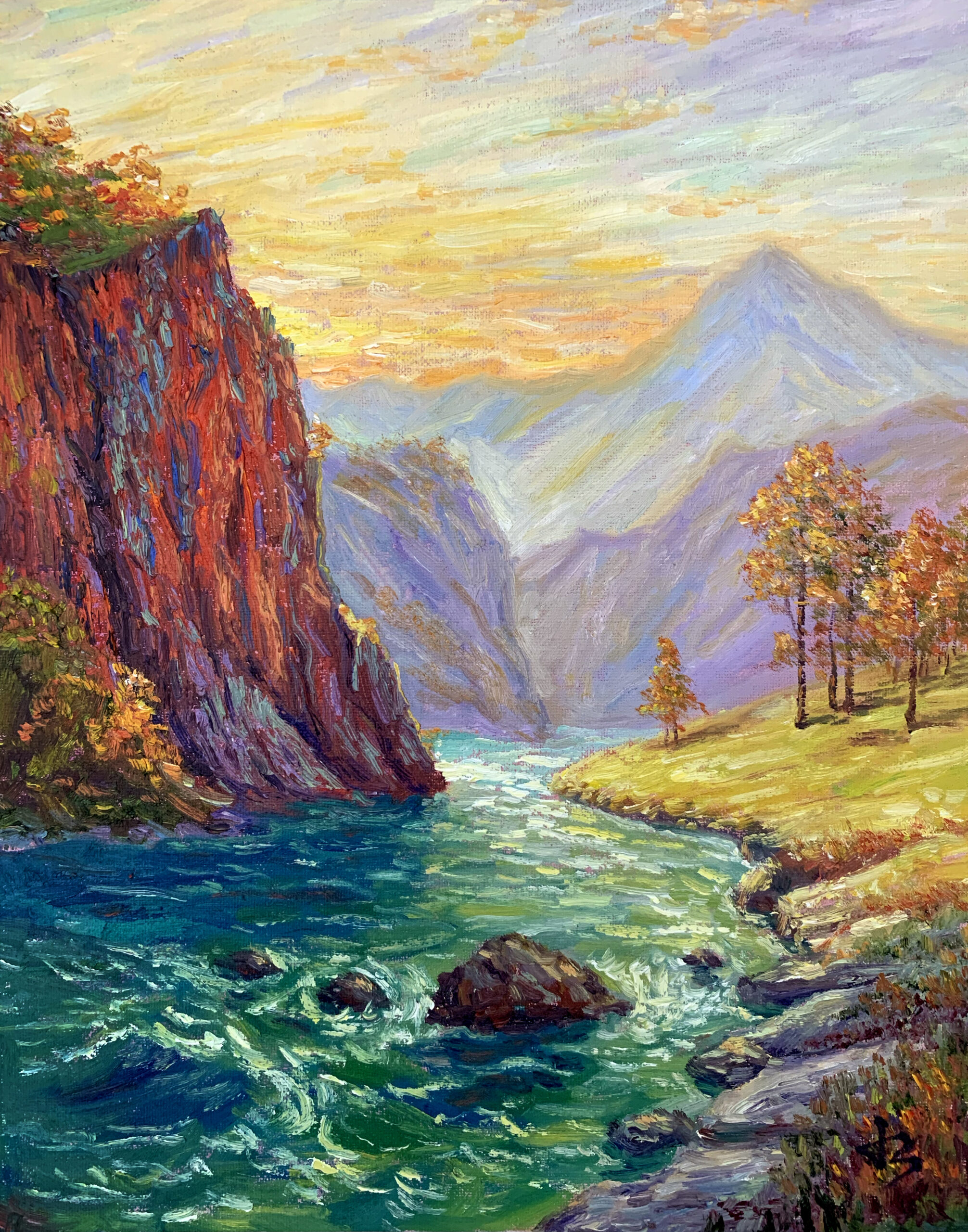 Glow Over the Gorge — Dallas Deng landscape oil painting, light and calm.