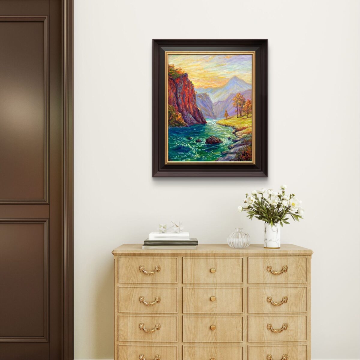 Glow Over the Gorge — Dallas Deng oil painting, interior wall view, light and calm.