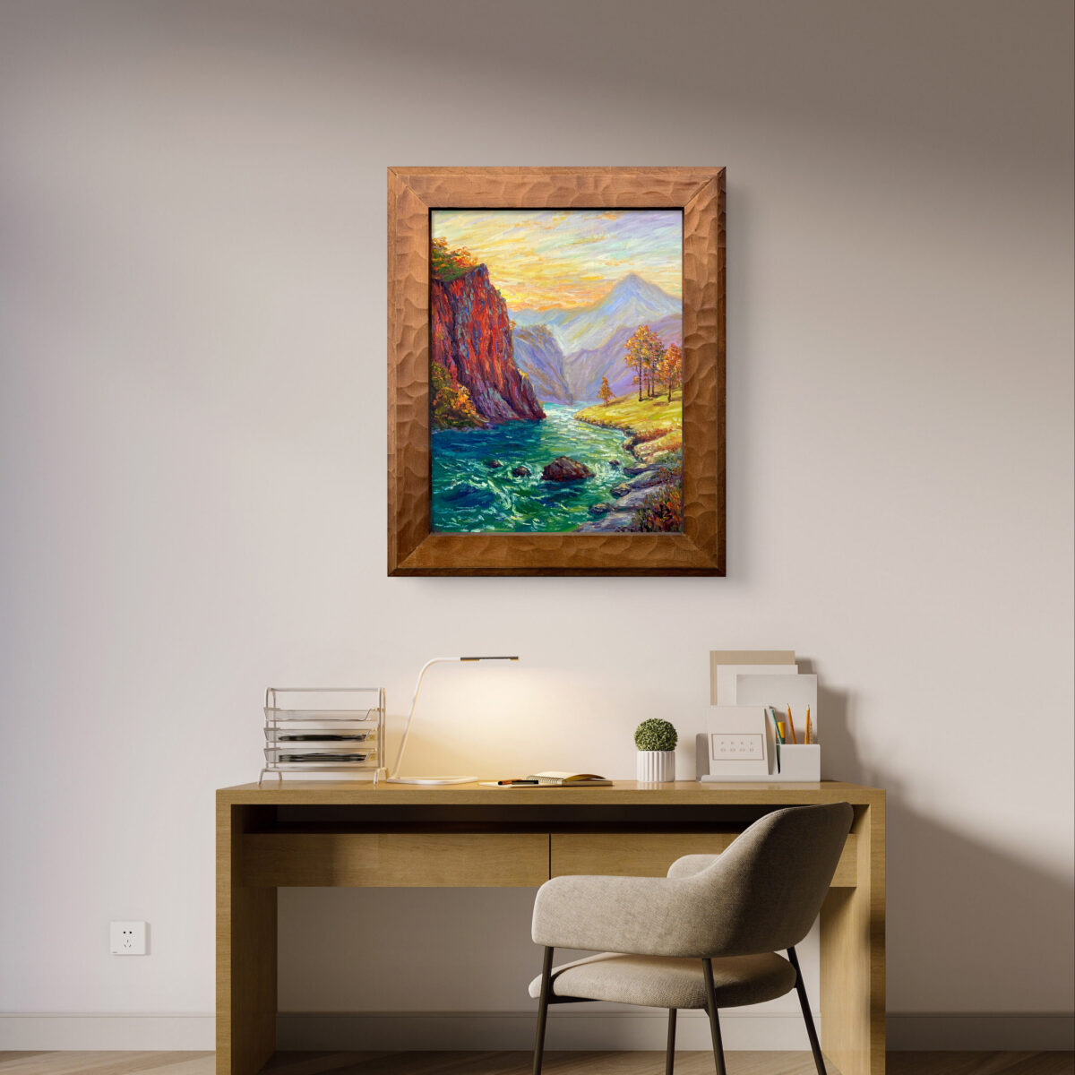 Glow Over the Gorge — Dallas Deng oil painting, interior wall view, light and calm.
