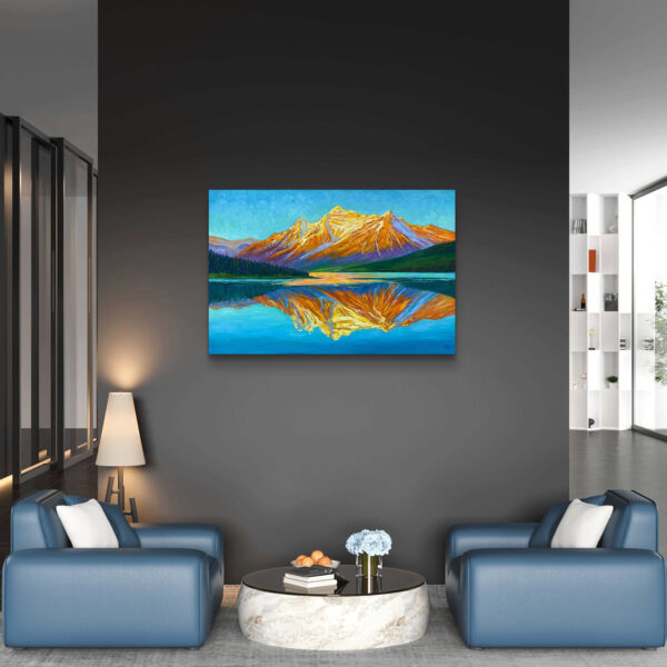 Golden Reflections — Dallas Deng oil painting, interior wall view, light and calm.