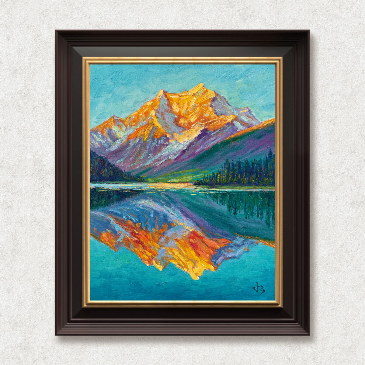 Golden Rocky Mountains — Dallas Deng oil painting, framed view, light and calm.