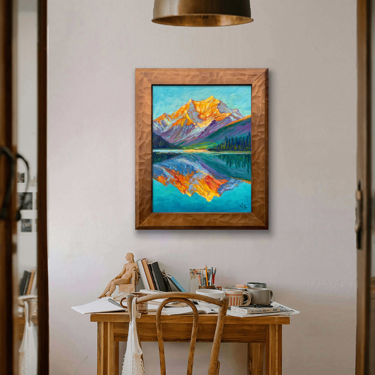 Golden Rocky Mountains — Dallas Deng oil painting, interior wall view, light and calm.