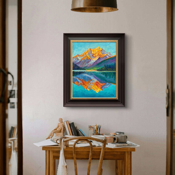 Golden Rocky Mountains — Dallas Deng oil painting, interior wall view, light and calm.