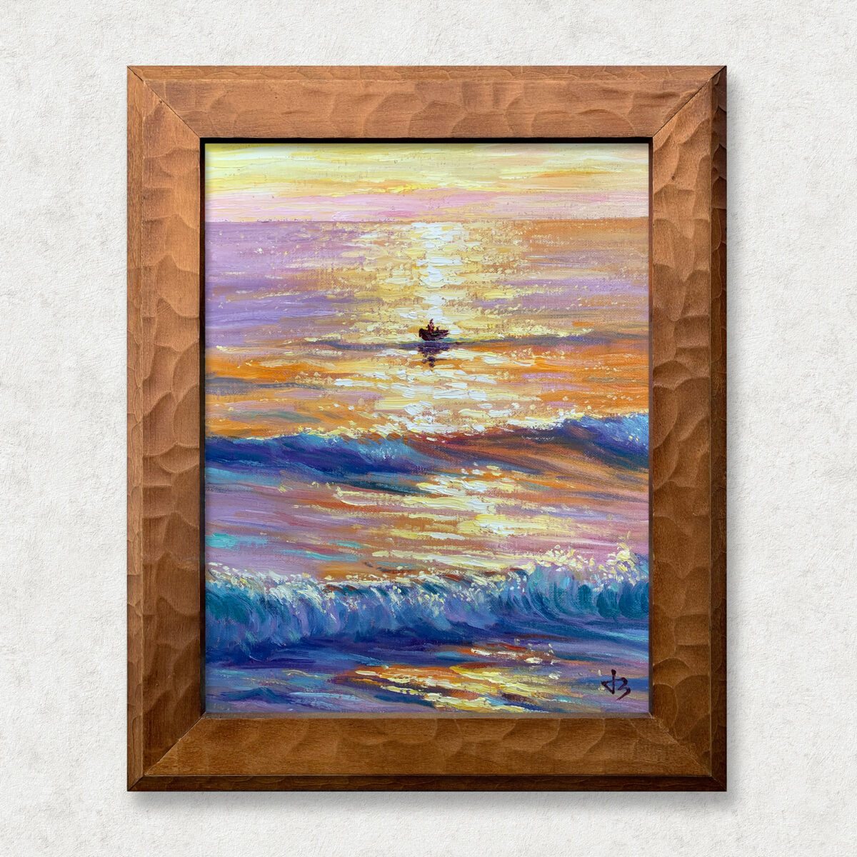 Golden Voyage 5 2 — Dallas Deng oil painting, framed view, light and calm.