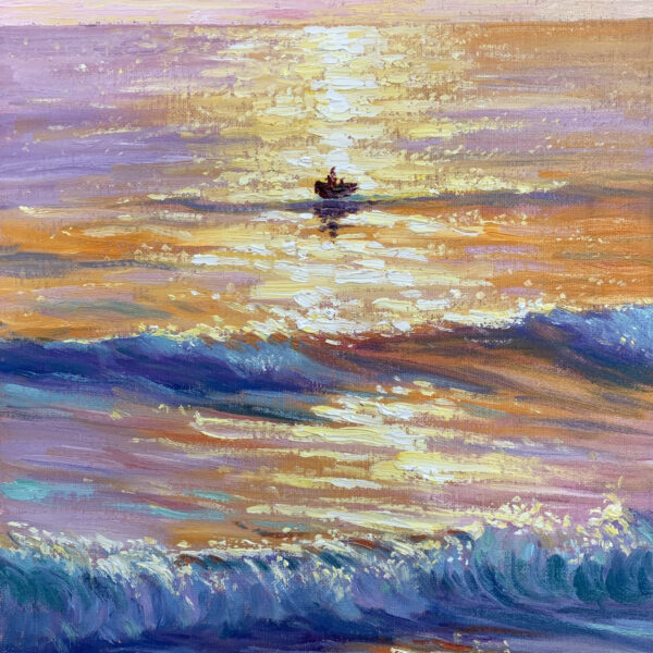 Golden Voyage — Dallas Deng seascape oil painting, light and calm.