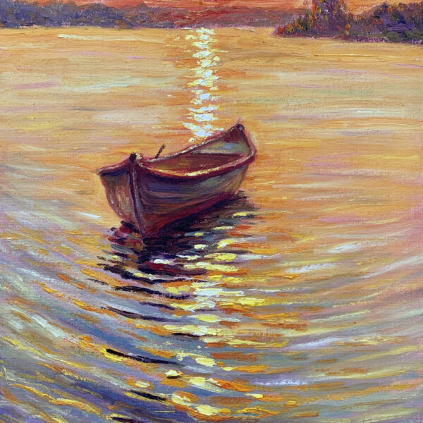 Homeward Boat — Dallas Deng landscape oil painting, light and calm.