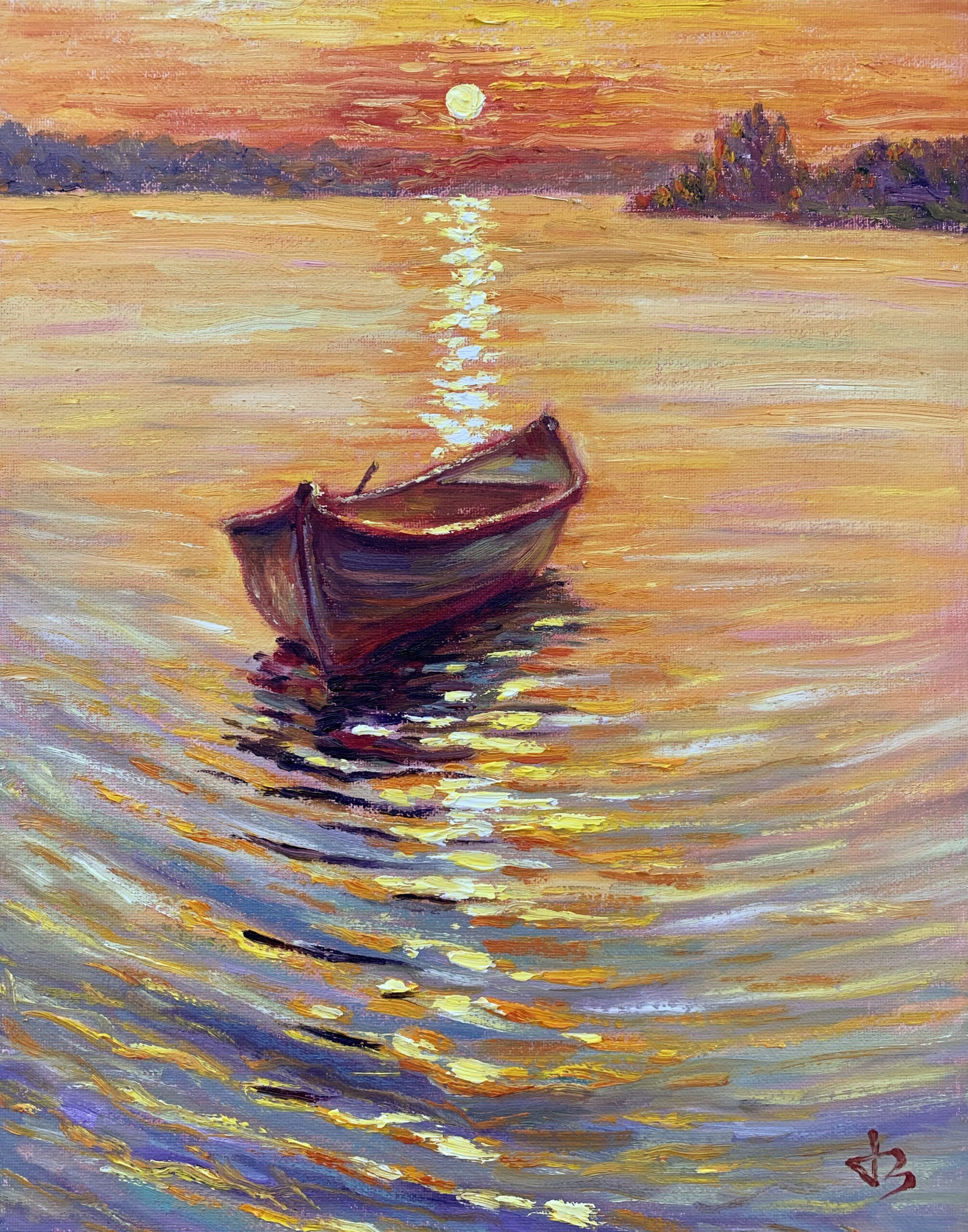 Homeward Boat — Dallas Deng landscape oil painting, light and calm.