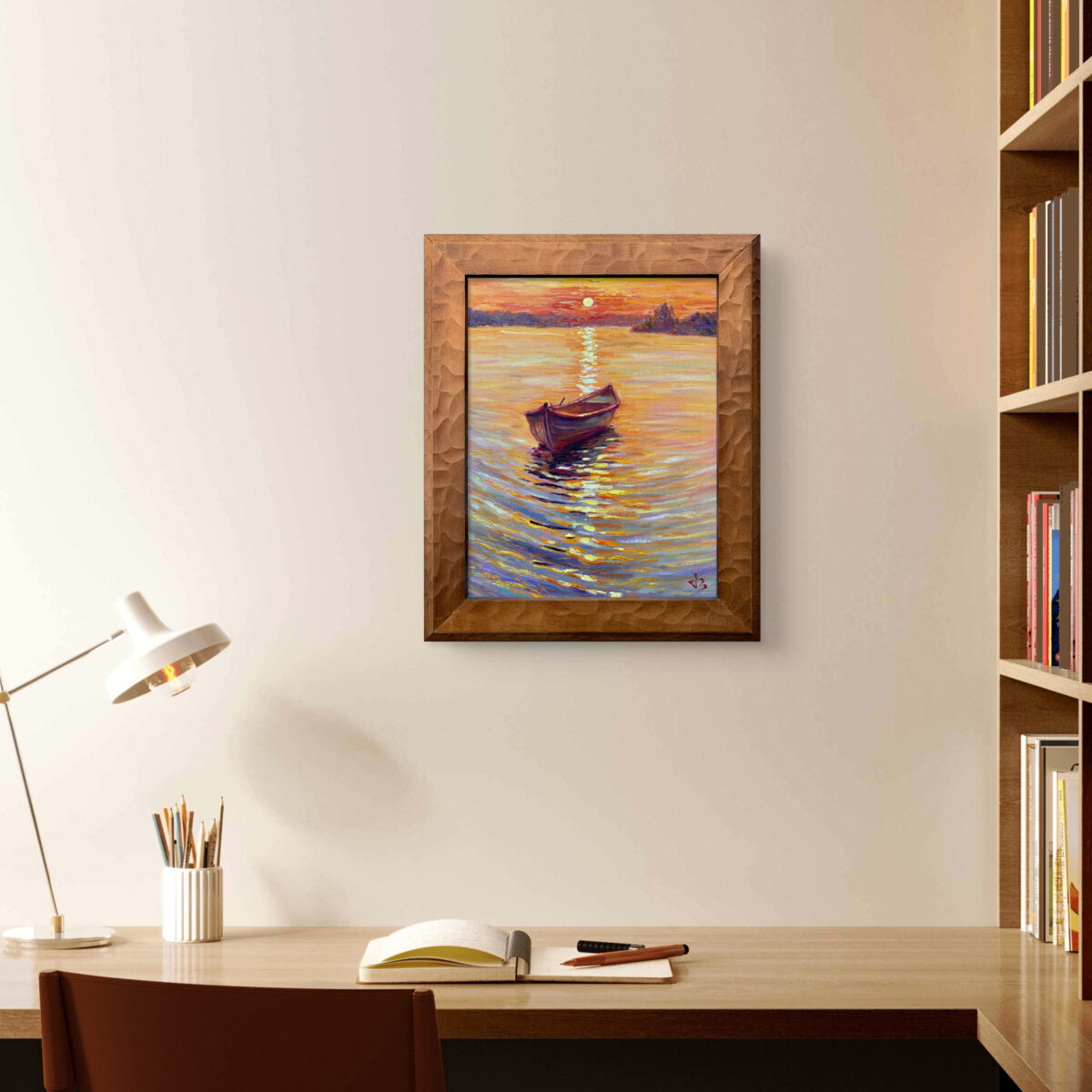 Homeward Boat — Dallas Deng oil painting, interior wall view, light and calm.