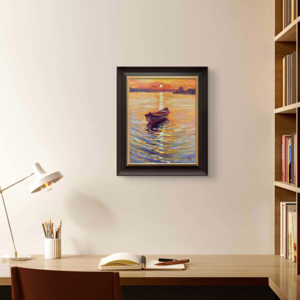 Homeward Boat — Dallas Deng oil painting, interior wall view, light and calm.