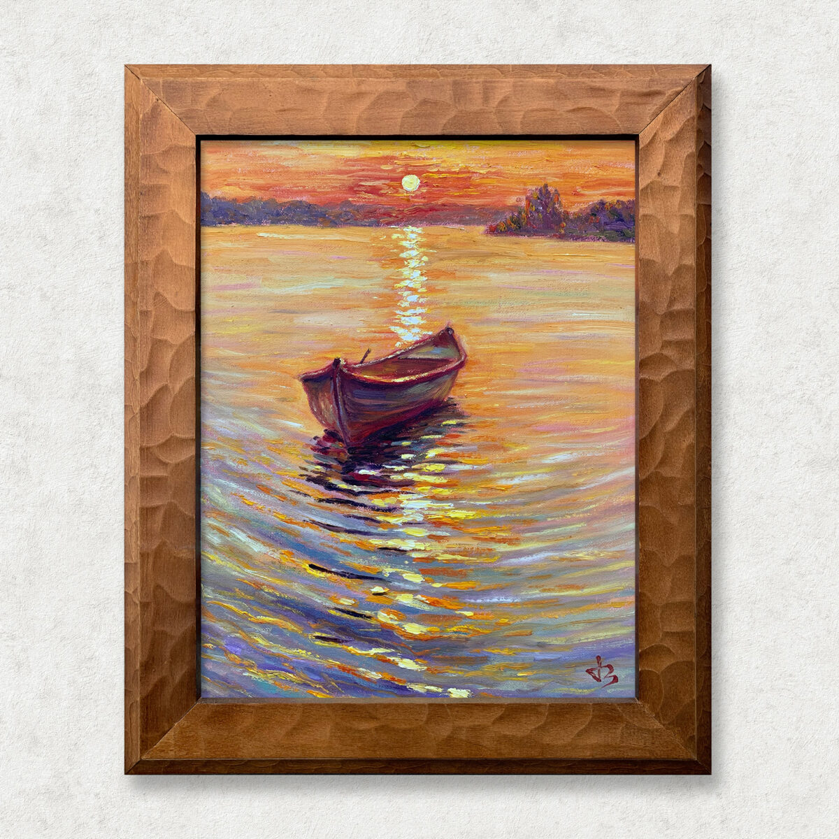 Homeward Boat Walnut — Dallas Deng oil painting, framed view, light and calm.