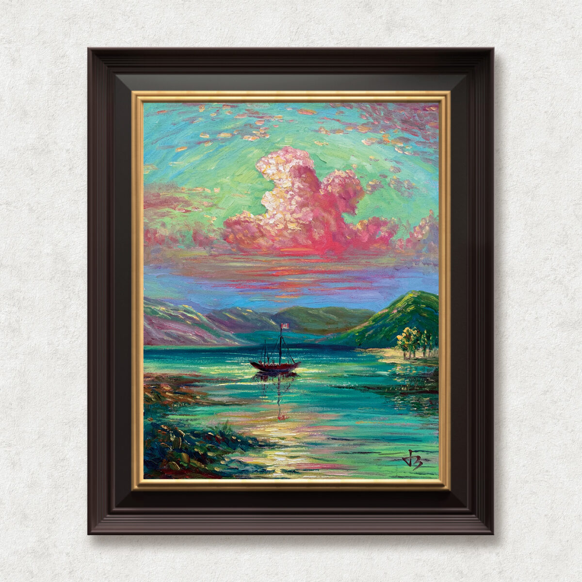 Homeward Glow — Dallas Deng oil painting, framed view, light and calm.