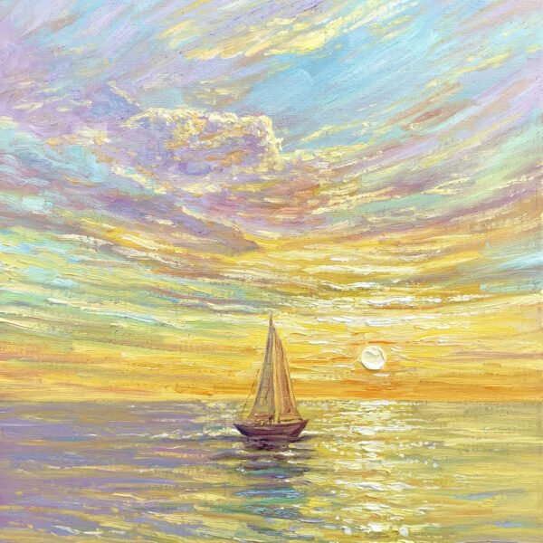 Journey to the Light — Dallas Deng seascape oil painting, light and calm.